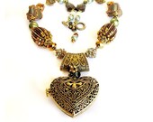 Gold heart locket beaded necklace bronze khaki handmade OOAK