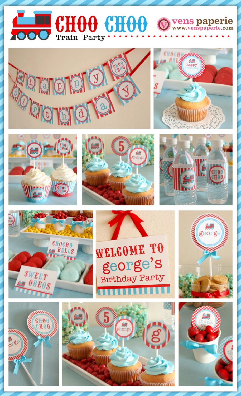 Vintage Choo Choo Train Red Blue Birthday Party Package Personalized MINI Collection Set - PRINTABLE DIY - PS802CA1y Il_570xn
