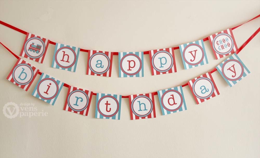 Vintage Blue Choo Choo Train Birthday Party - DIY PRINTABLE Happy Birthday Banner - Instant Download - design by venspaperie - PS802CA1e