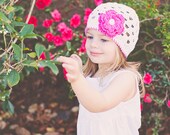 Girls Crochet Beanie - White Hat and Hot Pink Flower - Baby Toddler Child Sizes