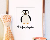 P is for Penguin woodland animal portrait nursery illustration print 8x10