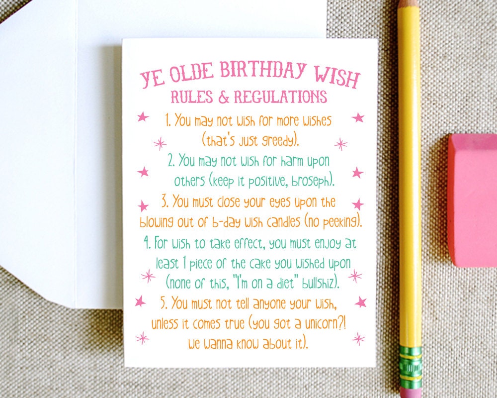 Ye Olde Birthday Wish Rules funny quirky cheeky eco friendly illustration birthday card best friend husband wife adult teen sarcastic