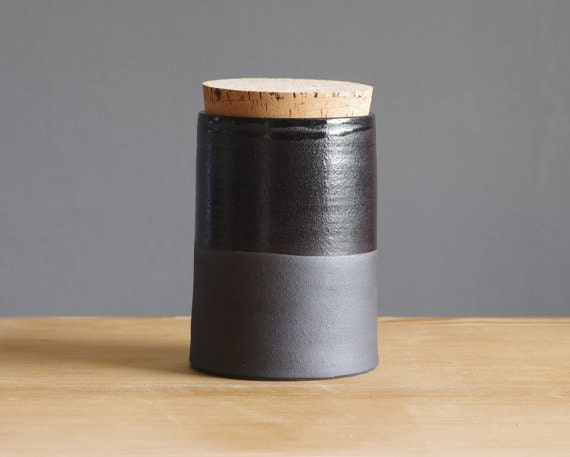 tall black corked canister . stoneware jar with lid . modern simple ceramic pottery