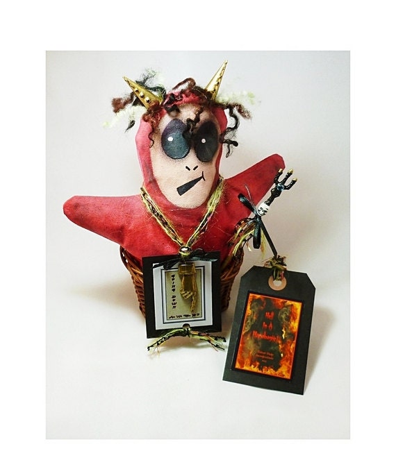 Folk Art Halloween, Hell In A Handbasket, Primitive Devil Art Doll, Collectible Gothic Dark Art, One of a Kind