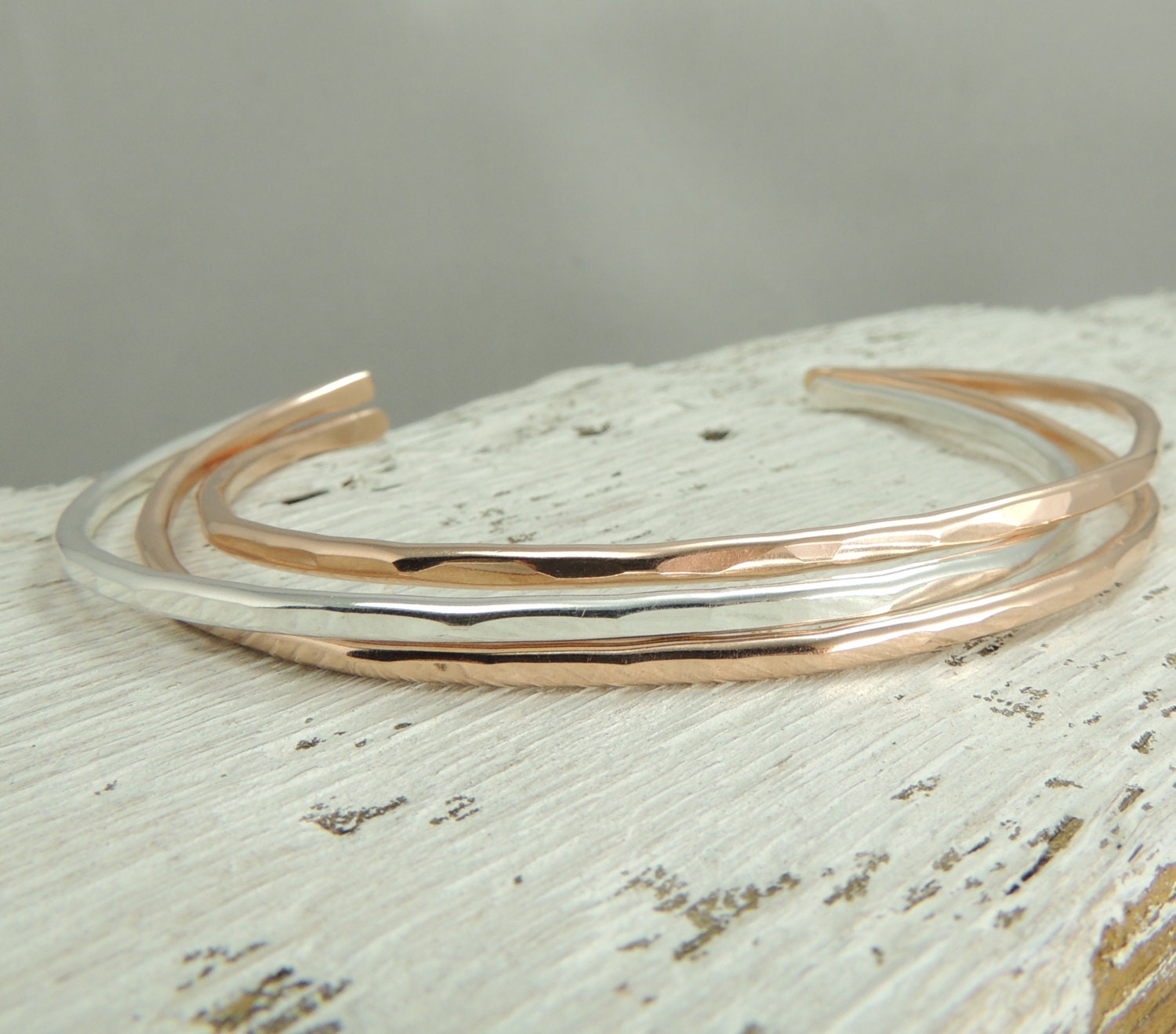 3 Simple Cuffs 14k Rose Gold Fill & Sterling Silver, Hammered Cuff Bracelet, Stacking Cuffs