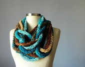 Knitted infinity chain scarf, necklace, blue, brown handmade neckwarmer, autumn winter fashion women accessories, valentine's day gifts