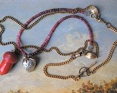 Strawberry and Acorn Necklace.  Vintage assembled, antique repurposed, reconstructed.