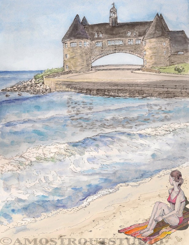 Fine art girl at Narragansett beach signed art print landscape beach swimmer painting Rhode Island Giclee  8.5x11