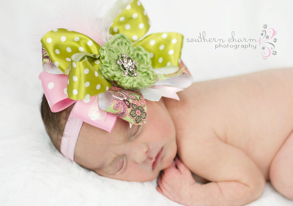 Baby girl  big hair bow Over the top bow Pink and green bow Photo prop