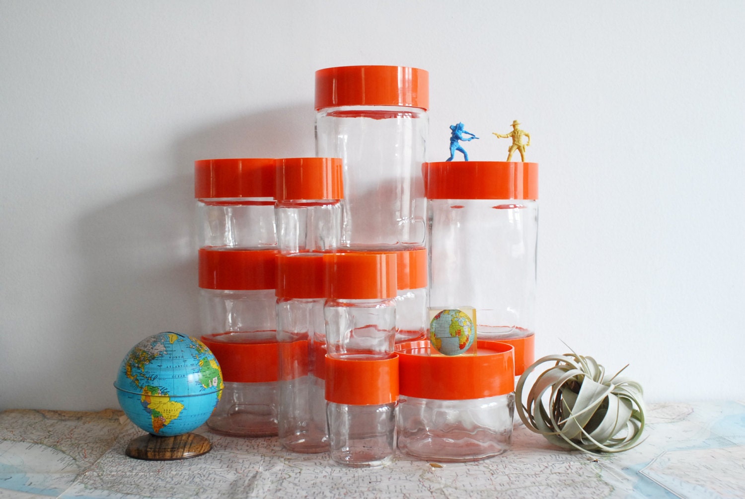Vintage Glass Containers with Orange Plastic Lids - Large Set of 13 Danish Modern Style Canisters