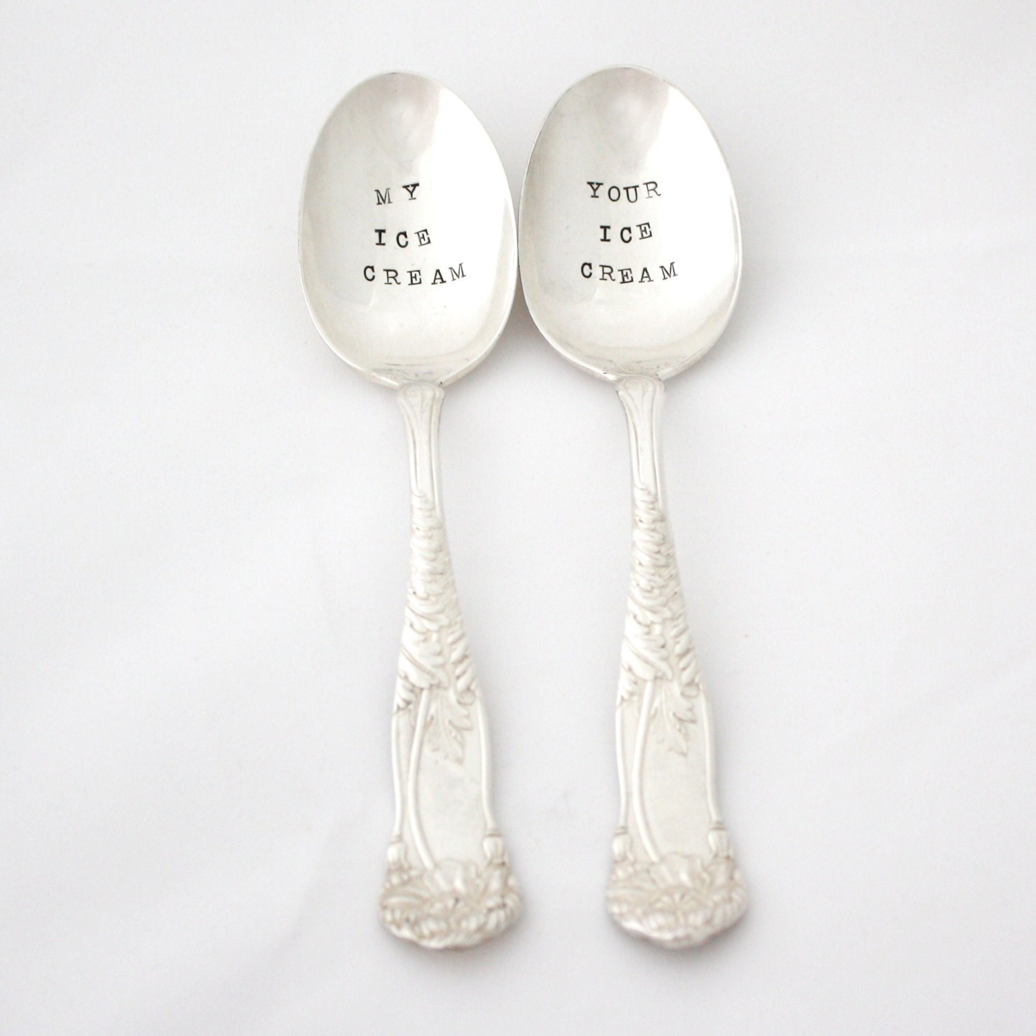 My Ice Cream Spoon and Your Ice Cream Spoon, set of 2 stamped vintage silver spoons. Ornate and beautiful.
