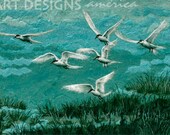 Gulls In Flight, Original Collage Painting, Handmade Paper, Mixed Media, 12 x 9 inches, ADA-304OA