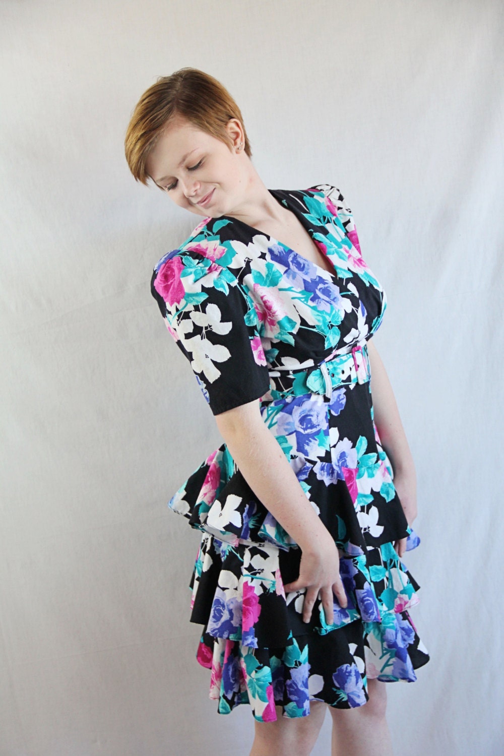 80s Dress / Party / Peplum / Floral Print / Black Pink Purple / Hourglass / Style My Way