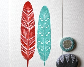Watercolor Feather Painting - Archival Art Print - 8x10 Malakai Feathers - red, turquoise, River Luna Art
