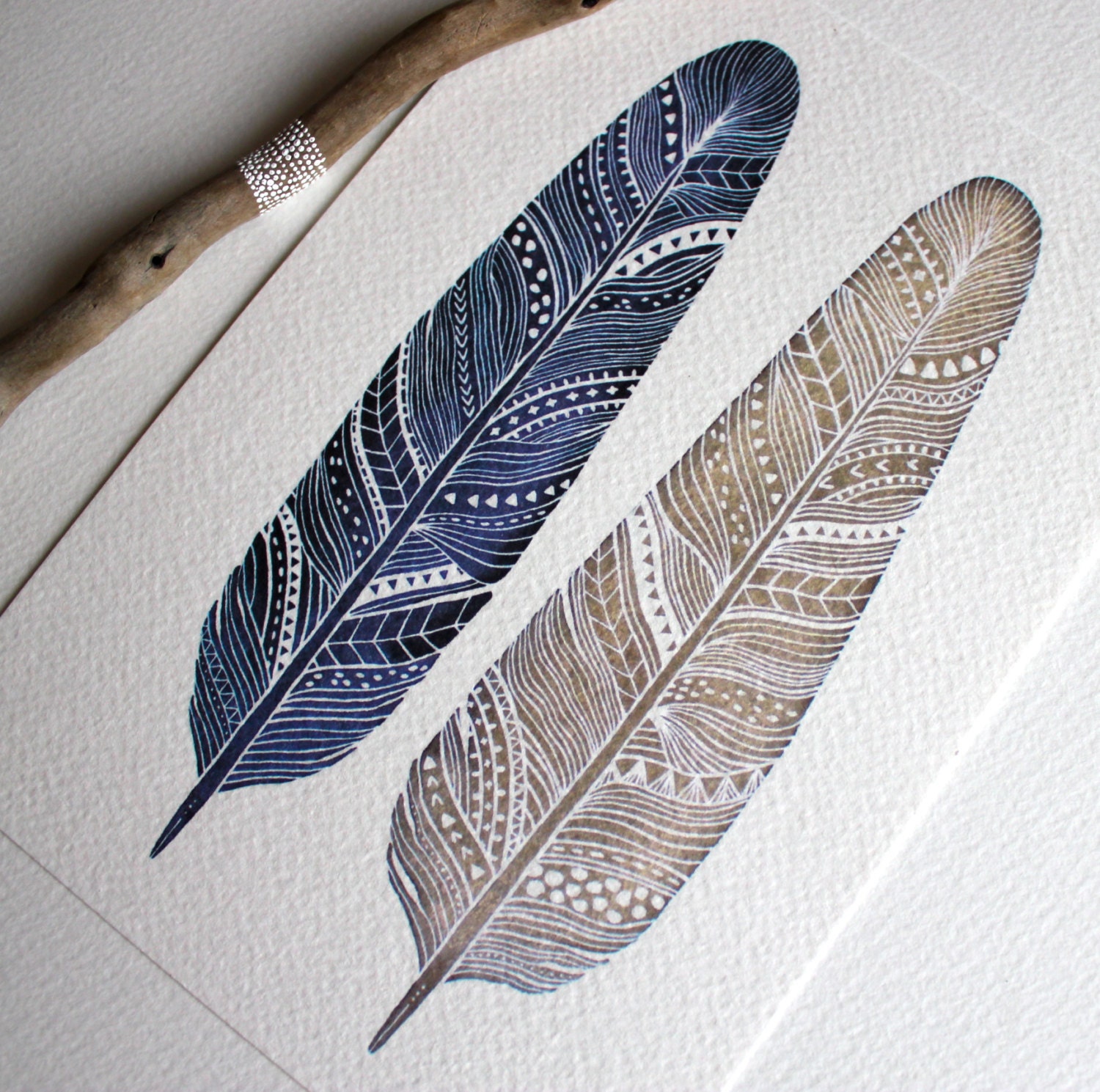 Patterned Feather Painting - Watercolor Art - Large Archival Print - 11x14 Amethyst Feathers
