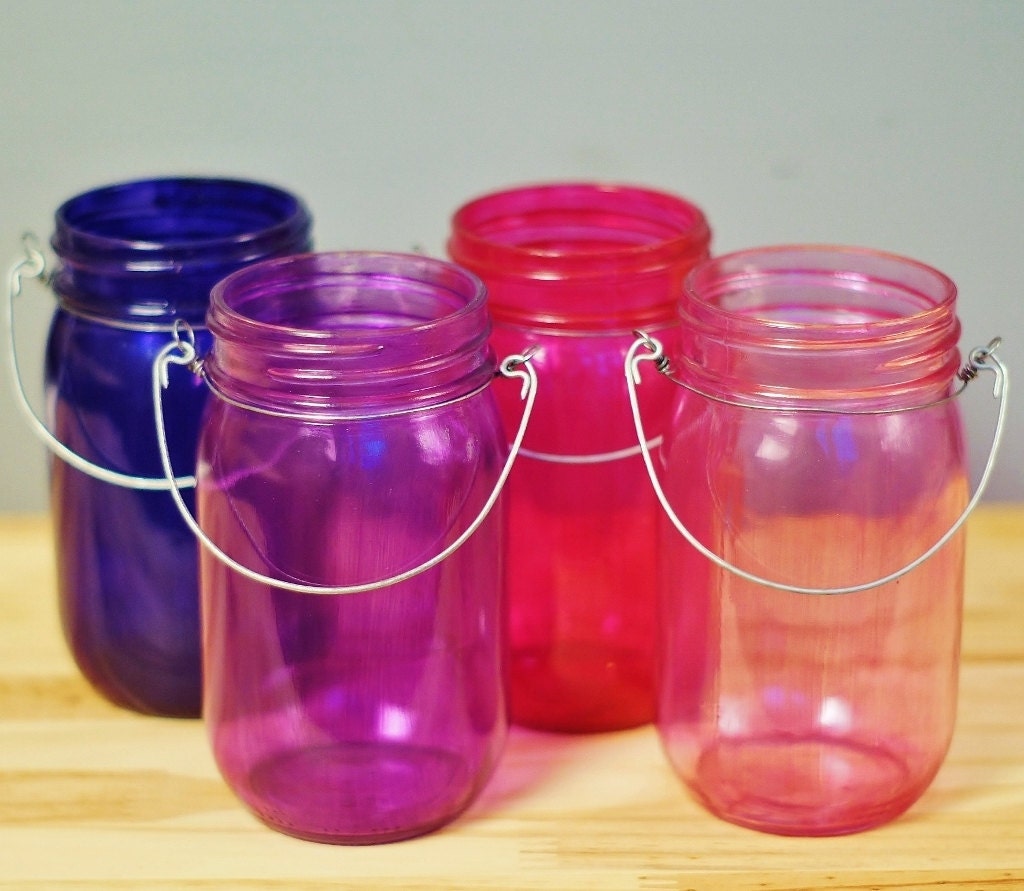 Set of Four Tinted Glass Mason Jar Lanterns, Grape Vine Inspired Colors