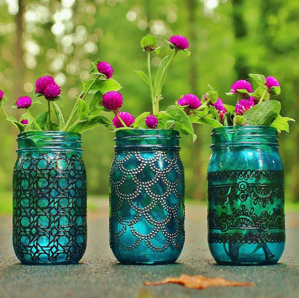 Trio of Mason Jar Lanterns, Teal Blue Glass with Pewter and Black Detailing