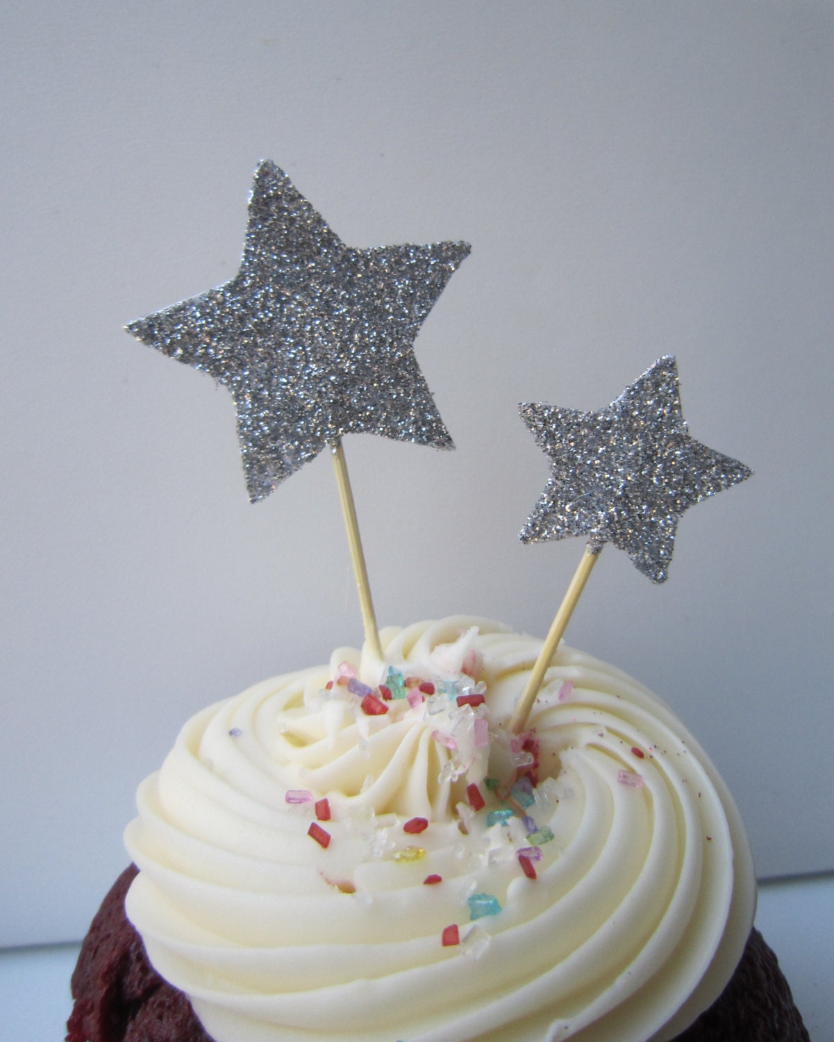 Silver Glitter Star Cupcake Toppers. 20 pieces