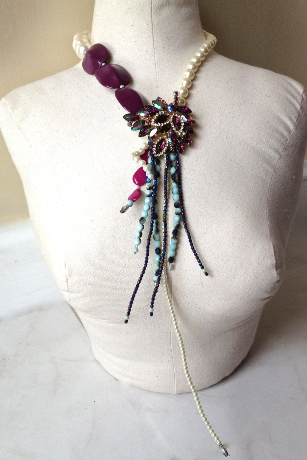 Wedding Brooch Rhinestone Pearl Flapper Necklace in Plum, Turquoise, Purple, Aqua, Blue & Cream Statement Jewelry by ZILLAS QUEEN - ZiLLAsQuEeN