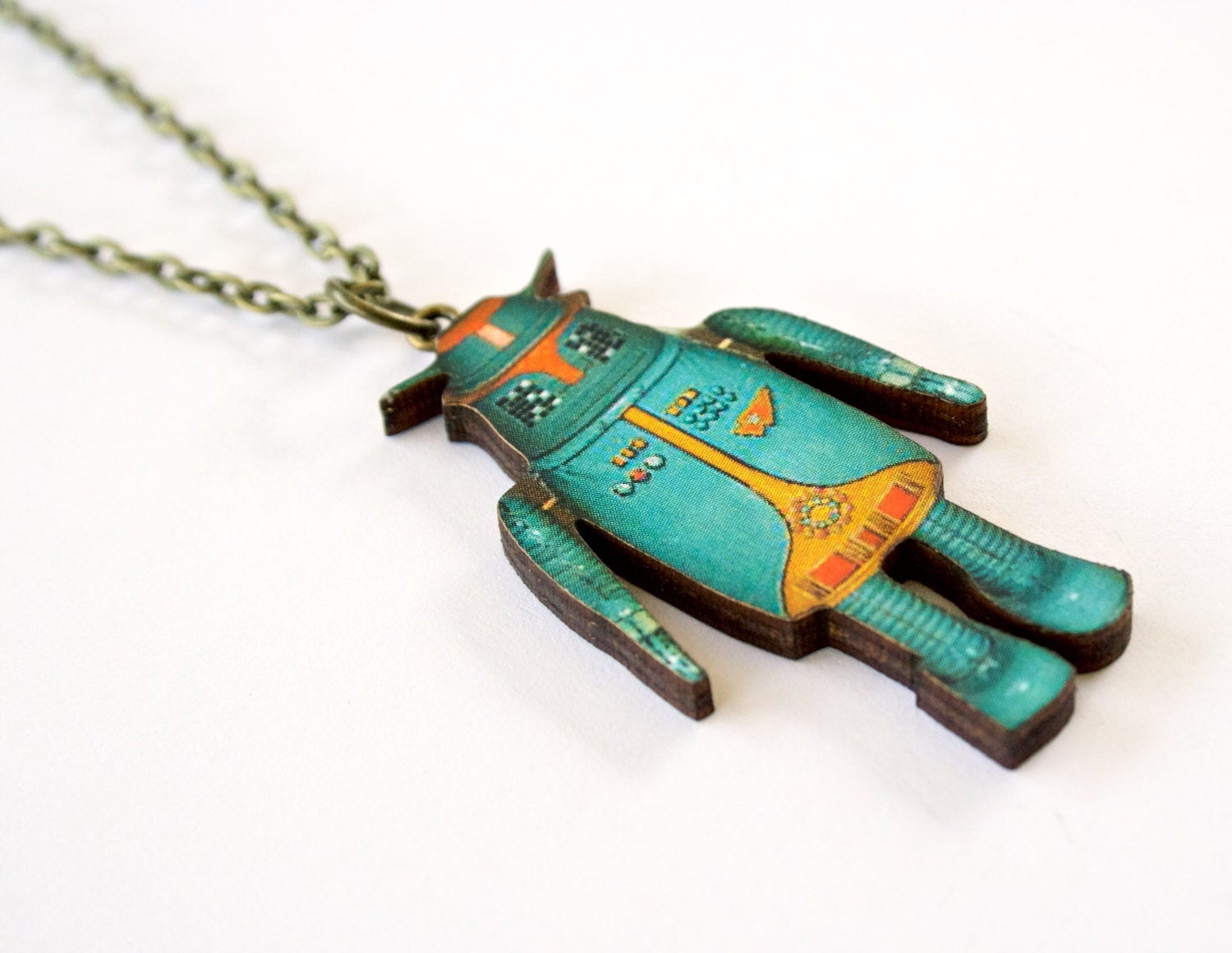 Robot Necklace Wood Cut