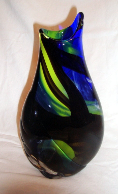 Blue and Green-Partial Gather-Hand Blown-Glass Vase