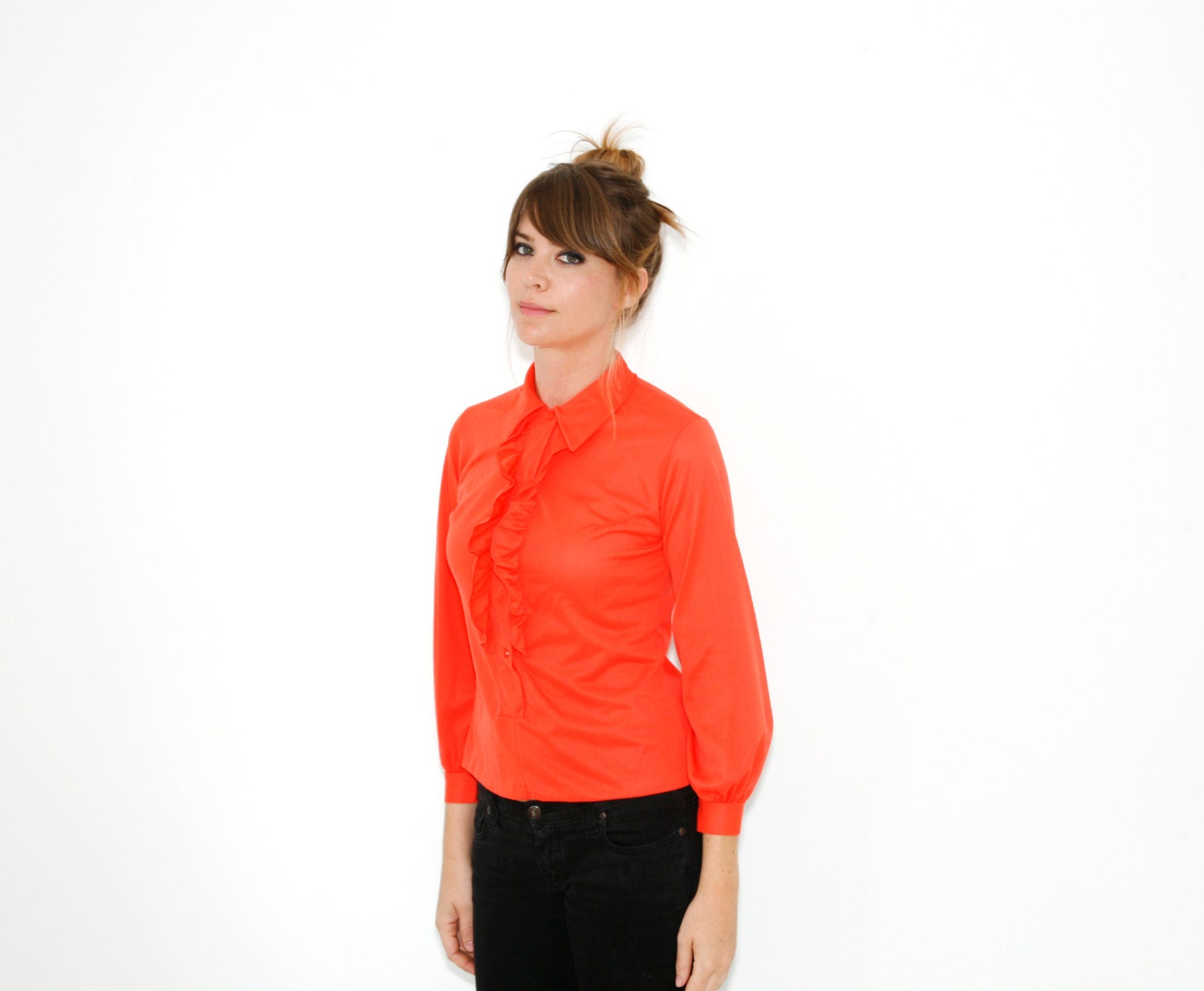 Vintage 60s Tangerine Orange Tuxedo Shirt  Ruffled Chest Womens Small