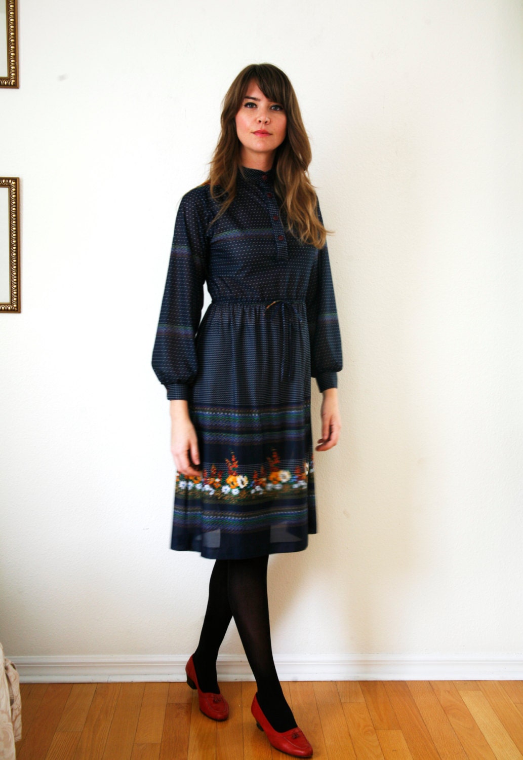 Vtg 70s Boho Peasant Dress Navy Polka Dots & Floral Folk Motifs Semi Sheer