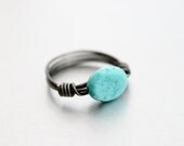 Handmade Wire Wrapped Ring - Spring Summer Fashion, Blue Turquoise Dark Silver Ring, Casual Everyday Ring, Pastel, Gift for Her Under 20