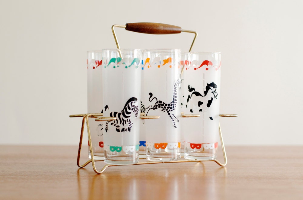 Vintage Libbey Carousel Merry Go Round Circus Frosted Glasses w/ Rack