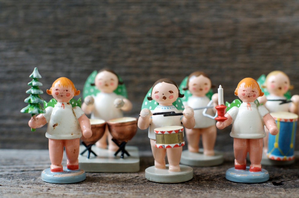 Vintage Erzgebirge Wooden Angel Musician Figurines - Set of 10