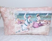 Vintage Victorian-Look Zipper Pouch, Cottage, Shabby Chic Cosmetic, Travel Bag - Tan, Blue, Pink - Cotton, Daisy Lace