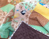 Baby Boy Quilt Blanket Zoo Animals Giraffe Lion Zebra Monkey Tan Orange Green  Brown Minky