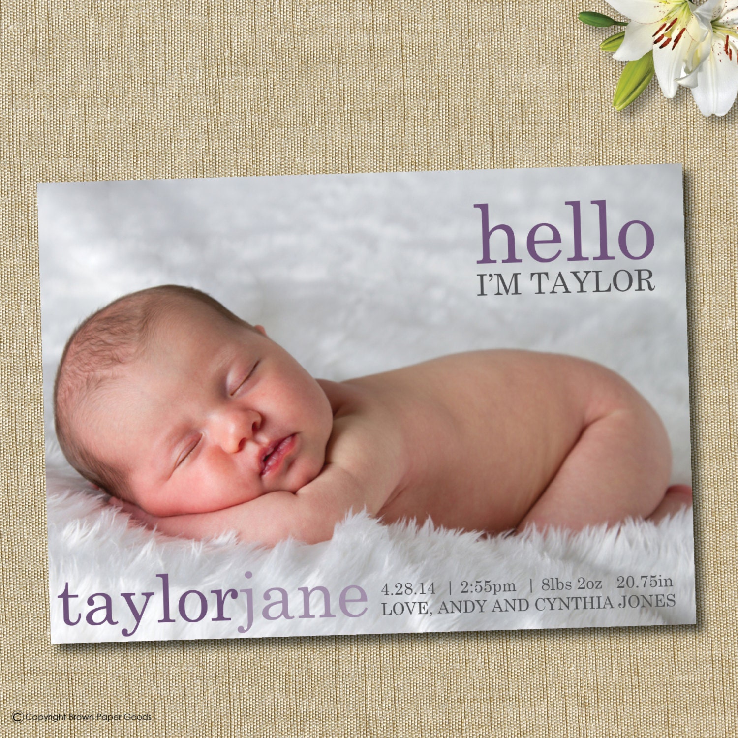 baby girl birth announcement. custom photo card. hello