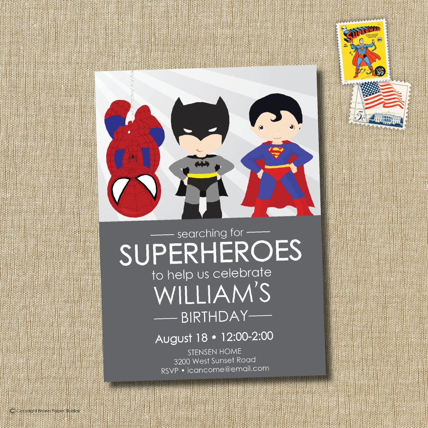 Superhero birthday party invitation - superman, batman, spiderman invitation