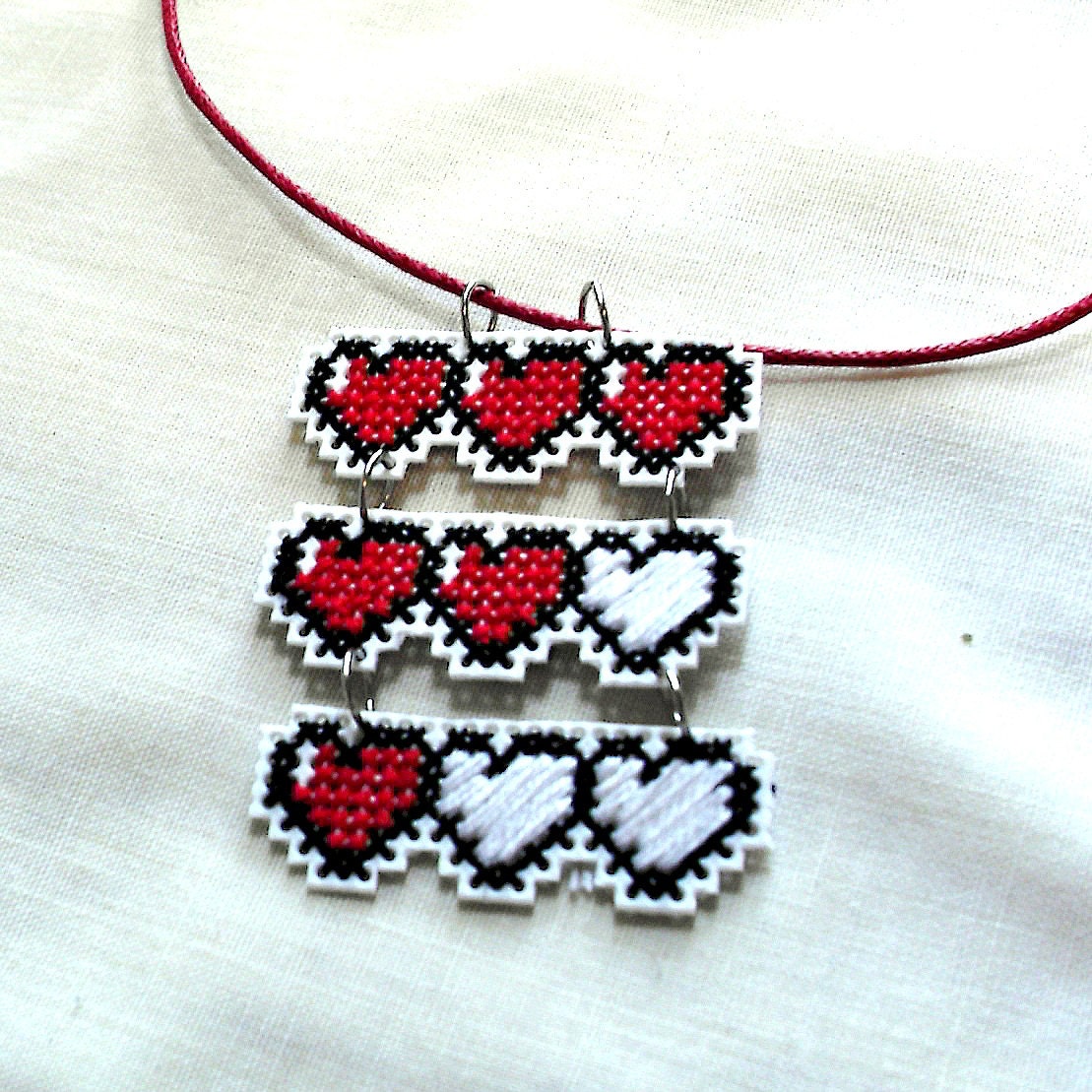 Video Game Health Hearts Pendant Cross Stitched Necklace Heart Pendant