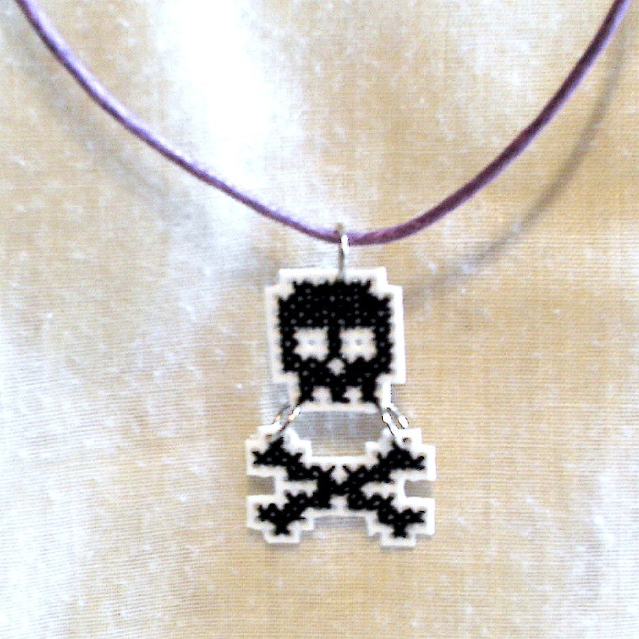 Skull & Cross Bones Cross Stitched Necklace Pendant