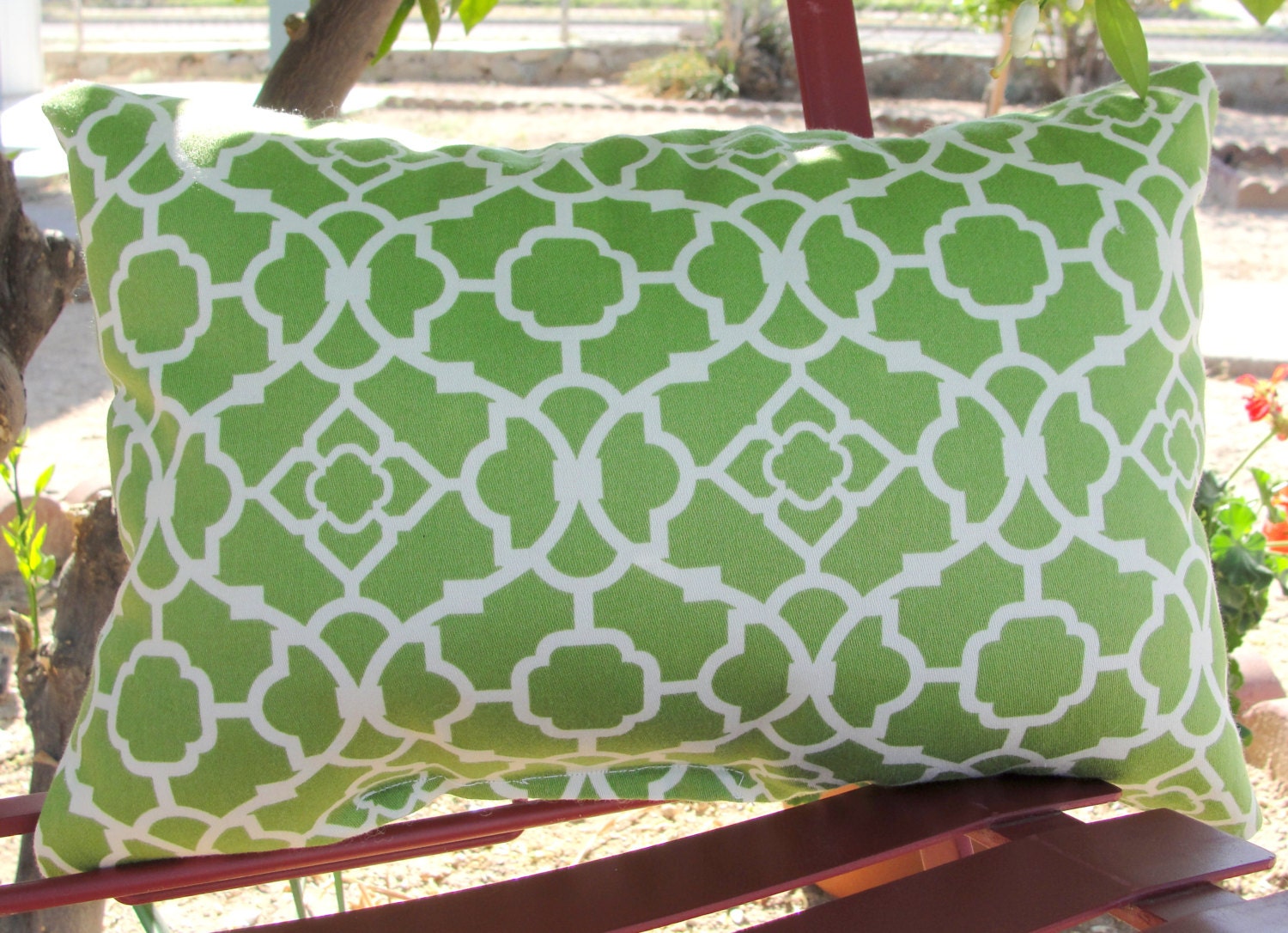 Apple green and ivory accent throw pillow - lattice print fabric