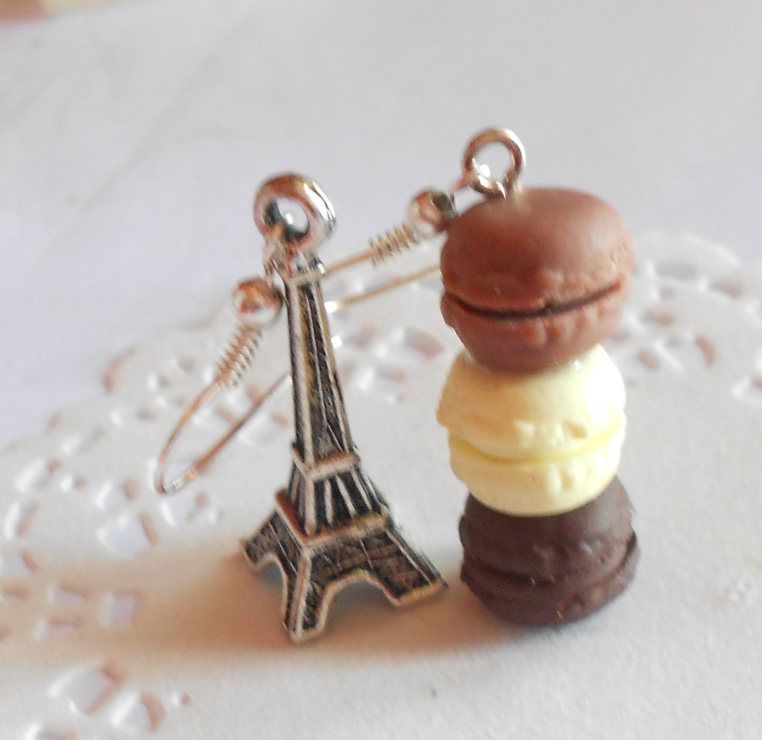 French Macarons & Eiffel Tower charm - French inspired collection - handmade miniature polymer clay food jewelry