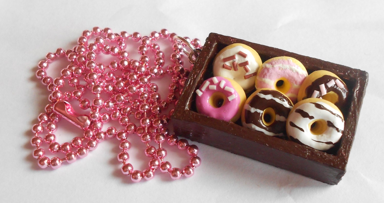 Donuts Doughnuts on a brown tray necklace - handmade miniature polymer clay food jewelry