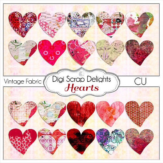Digital Vintage Ephemera Altered Hearts Mixed Media Clip Art for Digital Scrapbook Embellishment or Collage Sheet, Instant Download