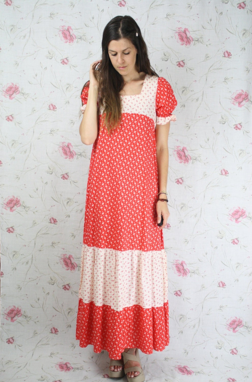 Vintage 70s MAXI DRESS - red white floral boho hippie cotton long dress 1970 S-M