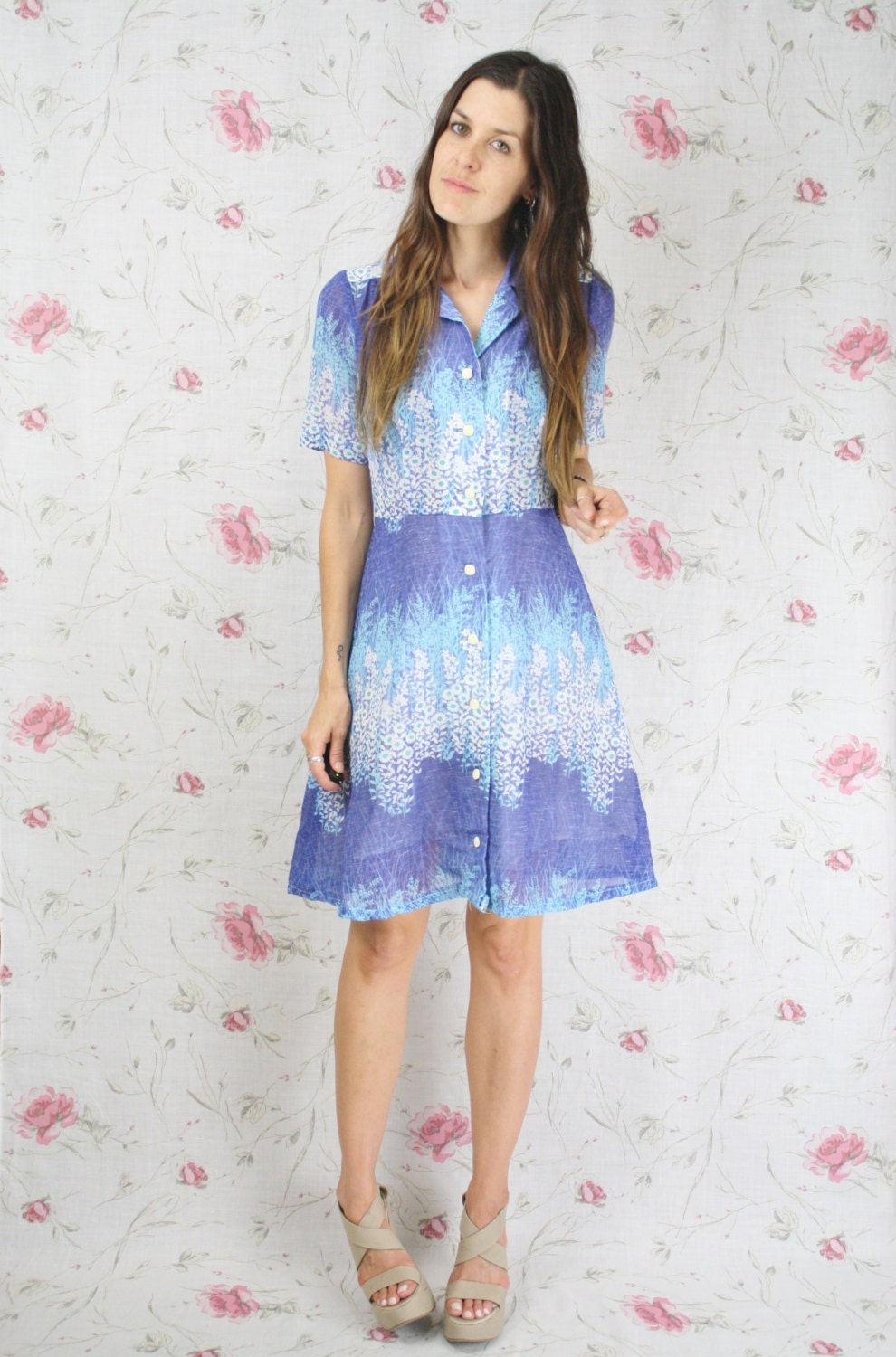 Vintage ombre floral dress - Japanese spring shirt dress blue fields A-line 80s S-M