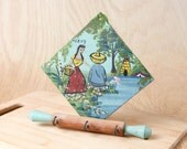 Vintage Mexican Souvenir Wall Hanging w/ folk art scene and miniature rolling pin with hooks