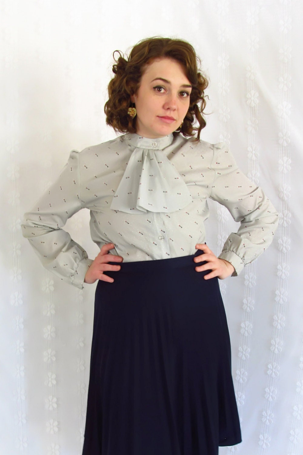 S A L E......1980s Vintage Grey Dotted Button Up Long Sleeved Secretary Blouse with Bib.