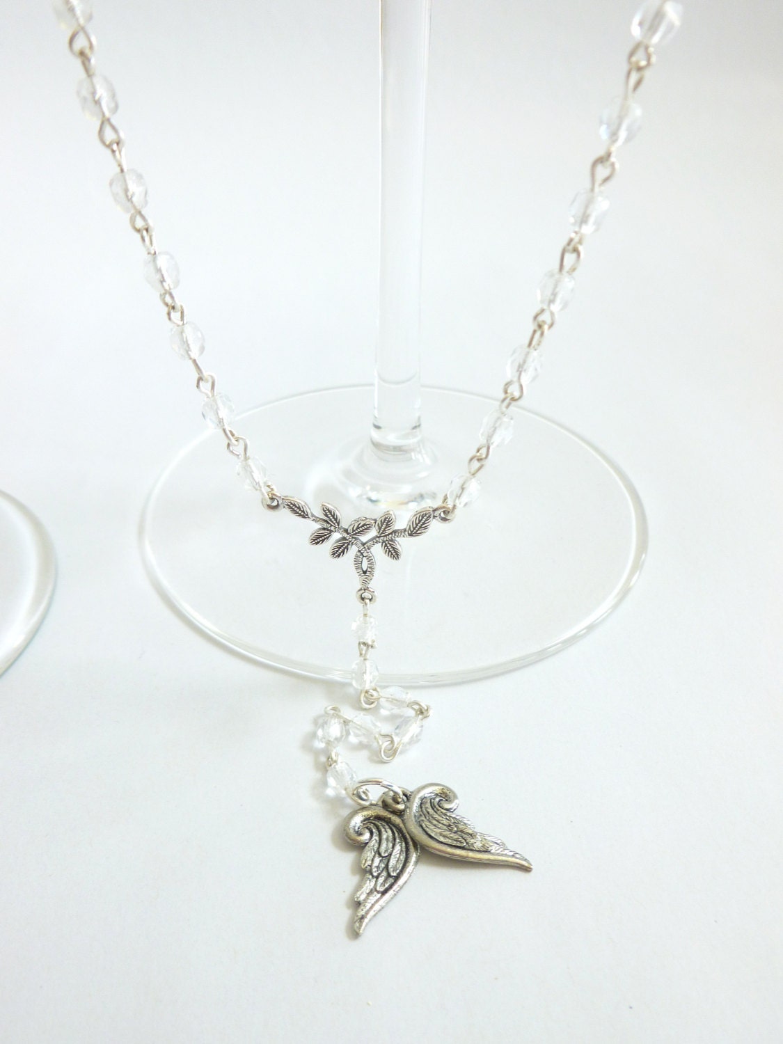 Small Milky White Crystal with Silver Angel Wings Extra Long Rosary Style Necklace