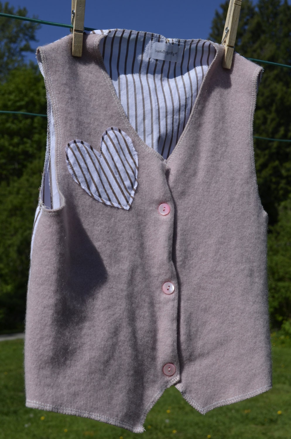 Light pink upcycled cashmere with brown striped men's dress shirt backing, girls size 7/8 vest