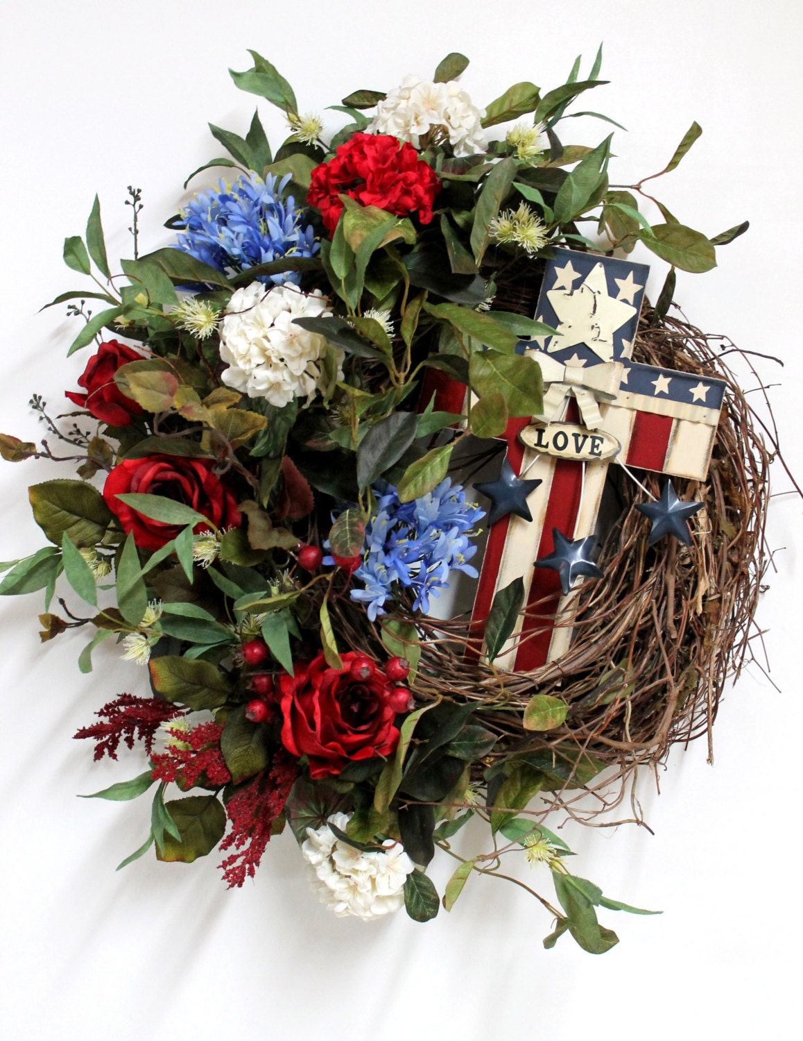Patriotic Front Door Wreath, Patriotic Cross, Memorial Day, Fourth Of July, Country Wreath, Primitive Wreath -- FREE SHIPPING