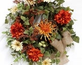 Front Door Wreath, Lg Spider Mum, Everyday Wreath, Summer Wreath, Honeysuckle, Natural Burlap, Country Decor -- FREE SHIPPING