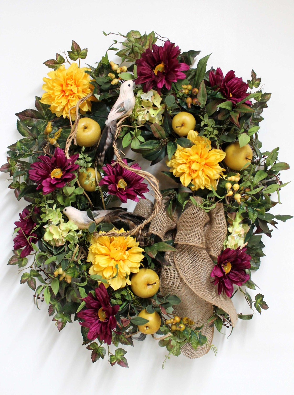 Country Front Door Wreath, Everyday Wreath, Two Sweet Birds, Elegant Flowers, Honeysuckle, Summer Wreath, Country Decor -- FREE SHIPPING