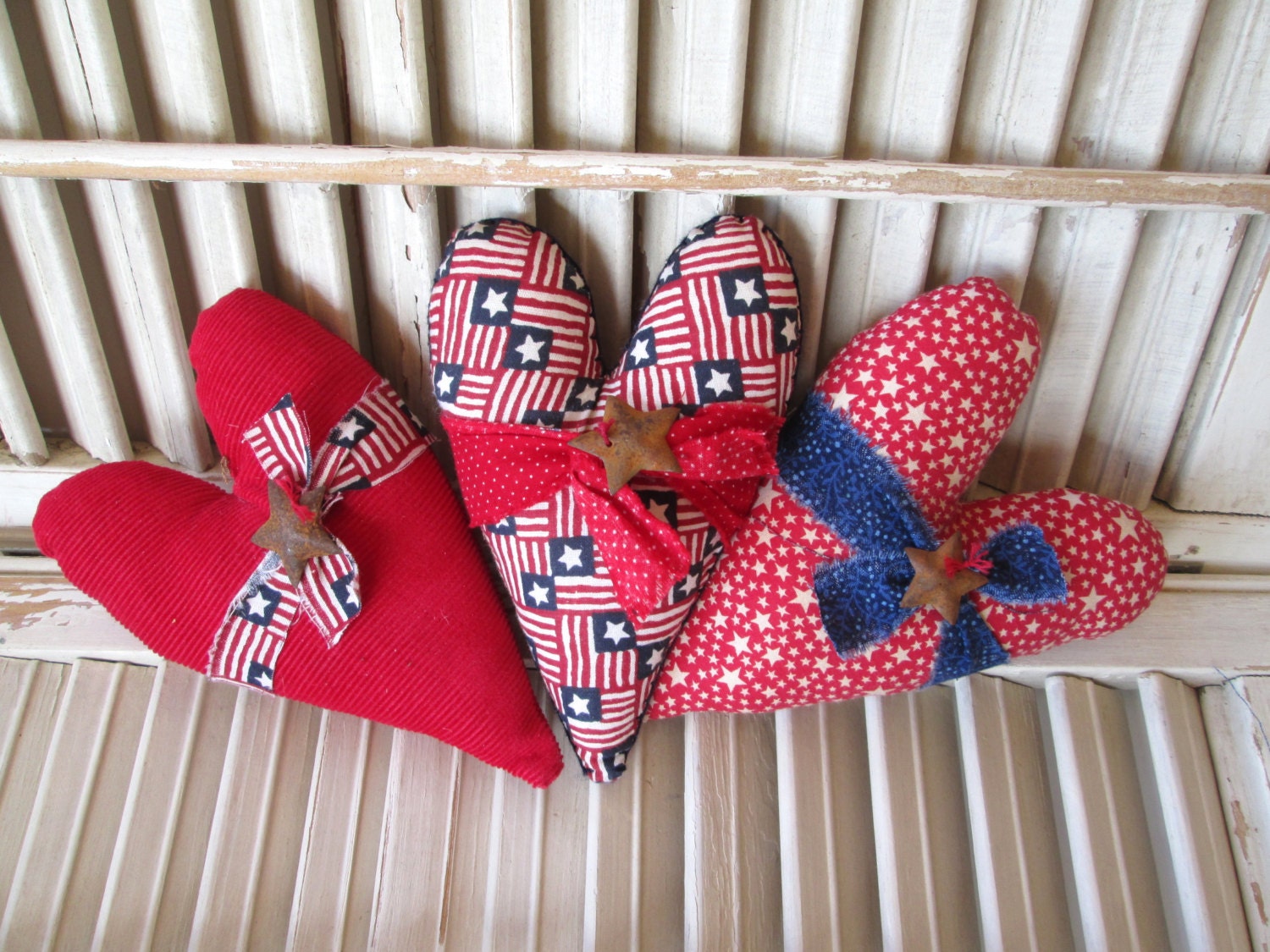 patriotic hearts, americana, red white and blue hearts, home decor, country decor, set of 3 by whimsysweetwhimsy, READY TO SHIP